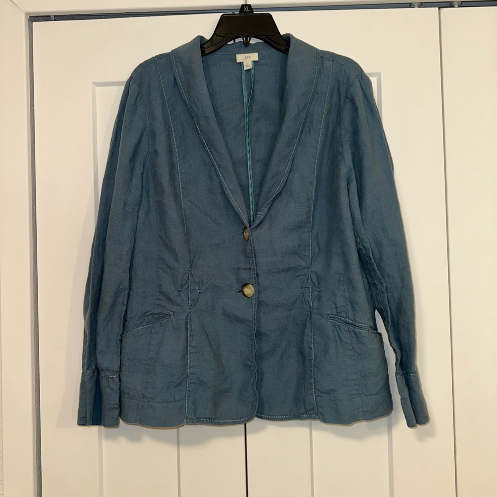J. Jill Women's 100%‎ Linen Blue Blazer Jacket Size L Lightweight Button Front